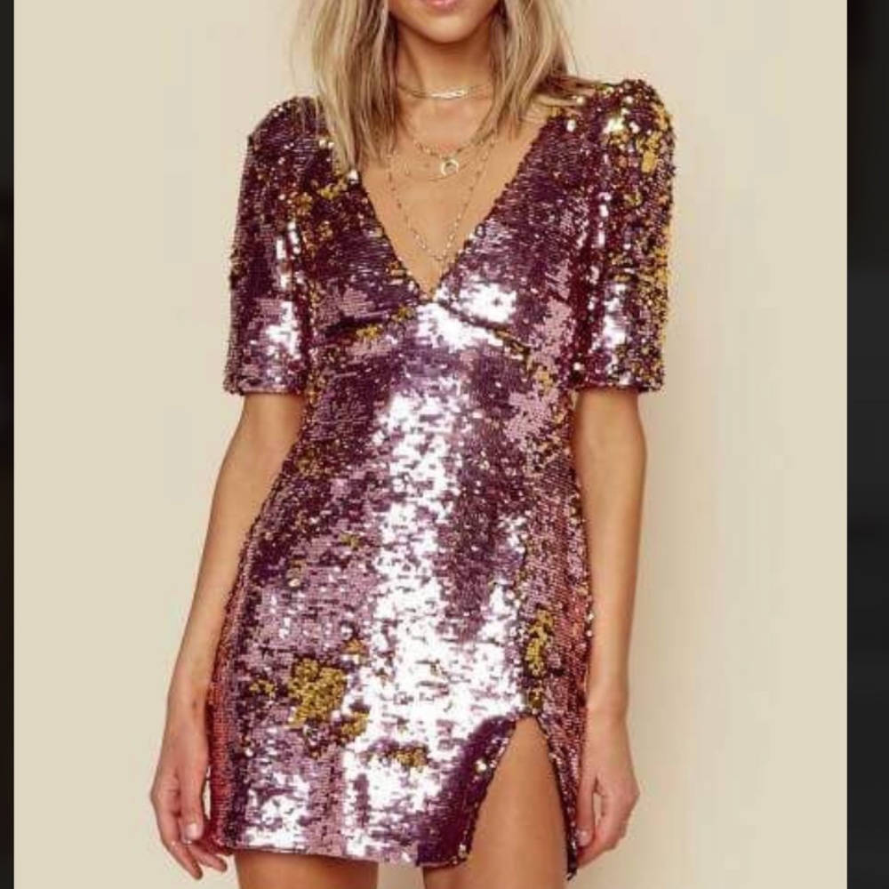For Love & Lemons Sparklers Sequin Mini Party Dress - Pink Gold Extra Small XS 0